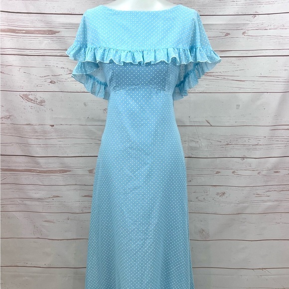 Vintage 60’s Mid Century House of Bianchi Polka Dot Ruffle Cape Maxi Dress - Picture 6 of 11